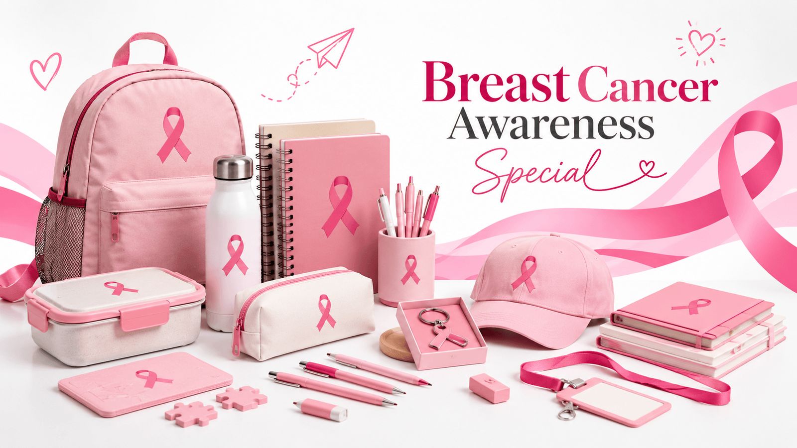 Breast Cancer Awareness Special by Giftyy: pink ribbon backpack, water bottle, notebooks, pens, cap and lanyard