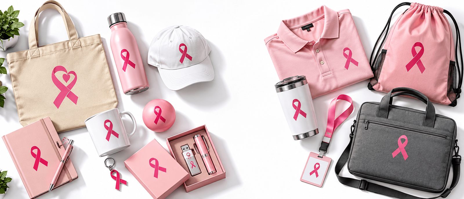 Pink ribbon branded merchandise for Breast Cancer Awareness Month: tote bag, water bottle, cap, mug, notebook, polo shirt, tumbler, lanyard and laptop bag